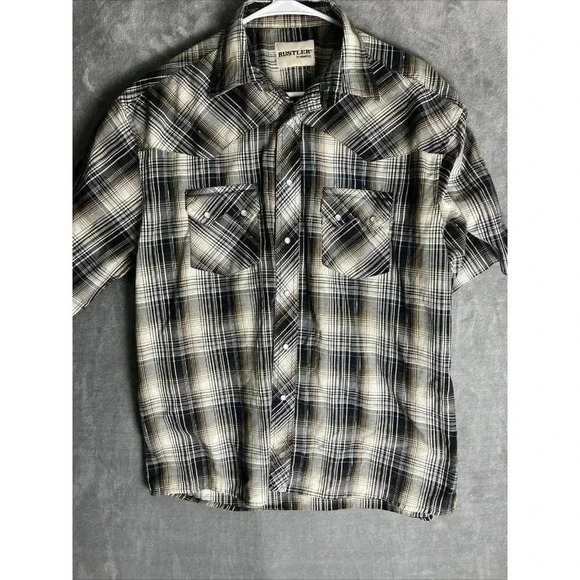 Rustler WRANGLER Mens Large Pearl Snap Shirt Western Rodeo Cowboy Plaid Metallic - Picture 1 of 5